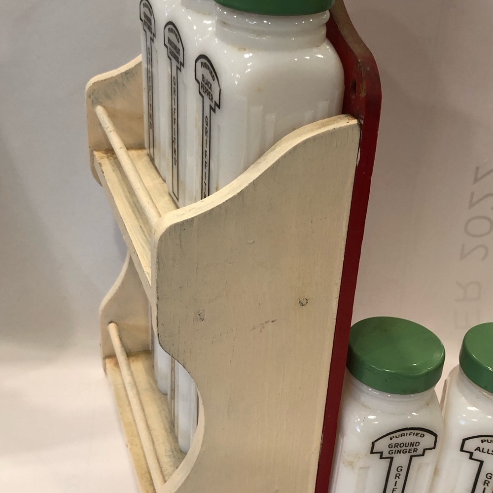 Vintage Griffith's Spice Jar Set In Holder Green Lids Used Milk White Rare-Read - Picture 6 of 16